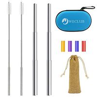 Telescopic Metal Straws, WECLUB 2 Pack Reusable Stainless Steel Straw, Portable Metal Straw with Case, 4 Silicon Tips, Collapsible Metal Cleaning Brush, Keychain Clips Included.
