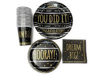 Celebrate Graduation Black and Gold Paper Plates, Napkins and Cups, Heavy Duty Dinnerware Set, 16 ct
