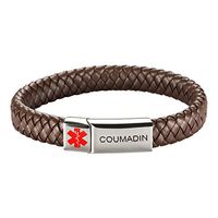 [Engraving]Leather Medical Alert Bracelet - Personalized Medical ID for Men Women Kids Custom Diabetic Alert Bracelet-Brown (19cm(7.48"), ☆Silver-Coumadin)