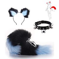 Fox Tail Cat Headwear Choker Set with Bell Pl-ùg for Unisex（ Blue&Black）-S
