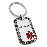 Two-Tone Stainless Steel Greek Key Medical Alert ID Dog Tag Keychain Keyring, Asthma