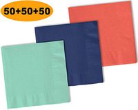 150 Beverage Napkins, Mint, Navy blue, Coral - 50 Each Color. 2 Ply Paper Cocktail Napkins. 5" folded, 10" unfolded.