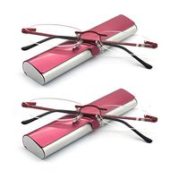 EYE-ZOOM 2 Pack Metal Rimless Reading Glasses with Spring Hinge Lightweight Slim Wine Red and Silvery Aluminum Case Reader for Comfort Fit Men and Women Choose Your Magnification +3.00