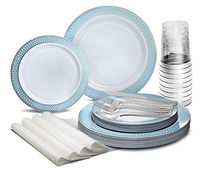 " OCCASIONS" 200pcs set (25 Guests)-Wedding Party Disposable Plastic Plates & cutlery -25 x 10'' + 25 x 7.5'' + Silverware + Cups + Napkins (Venice in White/Blue & Silver)