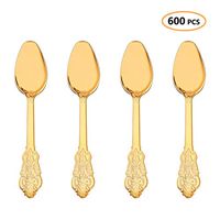 Plastic Gold Spoons 600 Pcs - Heavyweight Disposable Spoons Party Set - Heavy Duty Fancy Baroque Silverware - Bulk Cutlery Utensils Flatware Supplies For Wedding, Easter, Birthday & All Occasions