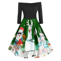 Jocund Women Christmas Dress Lovely Off Shoulder Long Sleeve Santa Claus Elk Print Vintage Dress