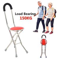Walking Cane Seat Chair with Four Legs, Stainless Steel Crutches Stool Folding Seat Cane, Lightweight Foldable Walking Stick for Men & Women, 87cm