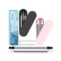 Reusable Metal Straws, Collapsible Telescopic Stainless Steel Drinking Straws, Portable Eco-Friendly Straws with Hard Case & Cleaning Brush, 2Pack (Black&Pink)
