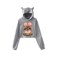 HNTDG Women Casual 3D Bunny Printed Long Sleeve Cat Ear Hooded Sweatshirt High Waist Tops Pullover Gray