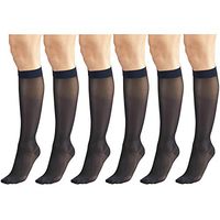 Sheer Compression Stockings, 15-20 mmHg, Women's Knee High Length, 20 Denier Navy Large (6 Pairs)