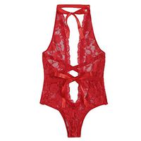 Jocund Women Sexy Lingerie Girl Backless Halter Bow Floral Lace Sleepwear Siamese Solid Babydoll Red