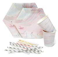 Pink Paper Plate Set - 65 pc Disposable Party Set - Marbled 9" Dinner Plates and 7" Dessert Plates - Matching 9 oz Cups, Straws and Rose Gold Napkins for Birthday Parties - Baby / Bridal Showers
