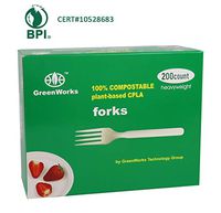 GreenWorks 100% Compostable CPLA Forks, 200 Count Disposable Large Heavyweight Biodegradable Bio-based Plastic Cutlery Flatware Forks