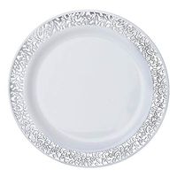 BalsaCircle 20 pcs 9-Inch White with Silver Trim Plastic Round Plates - Disposable Wedding Party Catering Tableware