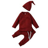 Baby Cotton Linen Pajamas Set, Toddler Boy Girl Autumn Winter Warm Sleepwear t-Shirt Tops Leisure Trousers Sleeping Cap (Wine, 1-2 Years)