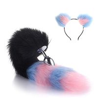 2Pcs Furry Wolf Tail & Headband Ears SetParty Toys Role Play B-ü-t-t P-l-ǔ-g Tail+ Ears Headband(Black Blue Pink)-L