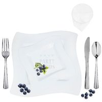 120 Full Table Settings WHITE Square Plates, Cups, Cutlery "WEDDING SPECIAL" Heavy Duty Plastic Look Real