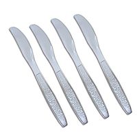 100 Silver Plastic Knives. Elegant and Disposable Shiny Silver Flatware. Includes 100 Silver Hammered Design Knives Packaged In A Neat Box. Silver Hammered Cutlery For 100 Guest.