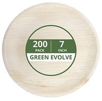 Green Evolve 810017651788 Palm Leaf Set (200 Pack) | 7" Salad or Dessert Plates | Heavy Duty Ecofriendly Disposable Dinnerware |, 7" Round, Light Brown