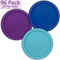 96 Paper Dinner Plates (9") - Royal Blue, Deep Purple, Aqua - 32 Per Color, 3 Colors - Great Assortment for Birthday Parties, Weddings, Holidays, Baby Shower, Celebrations, and more