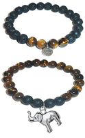 Hidden Hollow Beads Charm Tigers Eye and Black Lava Natural Stone Women's Yoga Beaded Stretch Bracelet Set. Comes in A Gift Box! (Elephant)