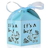 zorpia 50pcs Laser Cut Baby Carriage Favor Box Bomboniere Gift Candy Boxes Baby Shower Party Decoration, 2.2 x 2.2 x 2.2 Inches (Blue)