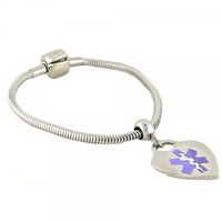 Pan-Dorra PRE-Engraved “Lymphedema Alert Right ARM” Stylish Medical Bracelet - Heart Purple Charm 7.50