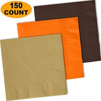 150 Lunch Napkins, Glittering Gold, Pumpkin Orange, Brown - 50 Each Color. 2 Ply Paper Dinner Napkins. 6.5" folded, 13.5" unfolded.