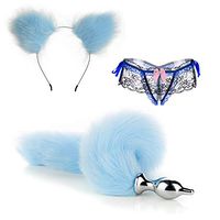3 pcs Faux Advanced Texture Light Blue Stitching Fur Wolf Fox Tail Rabbit Ears Hair Clips Set and Lace Collocation Halloween Christmas Cosplay Party Costume Toys Gift