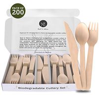 Back To Nature Disposable Cutlery Set with Biodegradable Wooden Forks, Knives and Spoons, Plastic Free Packaging, 200 Count, Eco-Friendly Disposable Utensils for,BBQs, Weddings, Parties or Camping