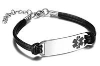 JF.JEWELRY Simple Leather Link Stainless Steel Medical Alert ID Bracelet for Women Adjustable,Black