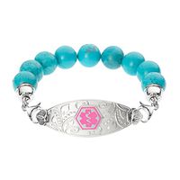 Divoti Custom Engraved Medical Alert Bracelets for Women, Stainless Steel Medical Bracelet, Medical ID Bracelet w/Free Engraving – Lovely Filigree Tag w/Blue Turquoise Bead-Pink-8.0"
