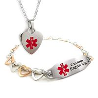 My Identity Doctor - Custom Engraved Women's Medical ID Bracelet and Heart Necklace, Stainless Steel, 7 Inches