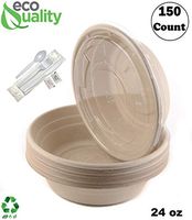150 Count - 24oz Round Disposable Bowls with Lids and Cutlery - Natural Sugarcane Bagasse Bamboo Fibers Sturdy Compostable Eco Friendly Environmental Paper Plastic Bowl Alternative - Fork,Spoon,Knife
