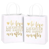 LaRibbons Medium Size Gift Bags - Gold Foil"to Love Laughter and Happily Ever After" White Paper Bags with Handles for Wedding, Birthday, Baby Shower, Party Favors - 12 Pack - 8" x 4" x 10"