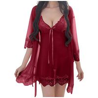 TIFENNY 3-Piece Set Lingeries Sexy Wireless Rimless Pajamas Lace Nightdress Silk Underwear Women's Sleepwear Cardigan
