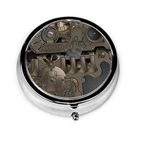 Steampunk Mechanical Gears Custom Round Silver Pill Box Pocket 2.1 Inches Medicine Tablet Holder Organizer Case for Purse