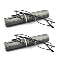 EYE ZOOM 2 Pack Ultra Slim Compact Lightweight Tube Reading Glasses with Portable Clip Aluminum Case, Gunmetal Strength +1.50