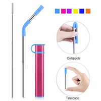 Reusable Collapsible Straw, Portable Stainless Steel Drinking Straw with Case, Straw Tip and Cleaning Brush for Travel, Party, Outdoor and Home Use (Red Case Turquoise Tip)