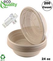 200 Count - 24oz Round Disposable Bowls with Lids and Cutlery - Natural Sugarcane Bagasse Bamboo Fibers Sturdy Compostable Eco Friendly Environmental Paper Plastic Bowl Alternative - Fork,Spoon,Knife