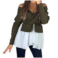 HIRIRI Womens Warp V Neck Front Off Shoulder Irregular Hem Soft Tunic Blouse Patchwork Sweater Pullovers Army Green