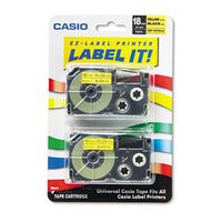 Casio® Tape Cassettes for KL Label Makers, 18mm x 26ft, Black on Yellow, 2 per Pack