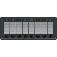 BLUE SEA SYSTEMS BS-8261 / Waterproof Switch Panel, MFG# 8261, Consists of eight illuminated Contura switches with front-mounted fuse holders for AGC glass fuses (not included). 12 or 24 Volt DC. Horizontal orientation. 9.37"W x 3.75"H. Dark gra