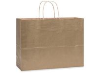 Pack Of 250, Metallic Gold Recycled Kraft Tinted Paper Bags W/Serrated Edge Tops & Sturdy Paper Twisted Handles - Vogue 16 X 6 X 12" Made In USA