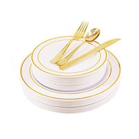125PCS Disposable Plastic Plates and Silverware Set - 25 Person Package Bocca Gold Rim Plastic Cutlery Set, 25 Dinner Plates, 25 Salad Plates, 25 Forks, 25 Spoons, 25 Knives for Wedding, Party