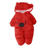 Winter Unisex Baby Warm Romper,Solid Cute Bear Print Velvet Hooded Jumpsuit (0-6 Months, Red)