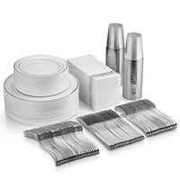 350 Piece Silver Dinnerware Set - 50 Guest Silver Rim Plastic Plates - 50 Silver Plastic Silverware - 50 Silver Rim Plastic Cups - 50 Linen Like Silver Paper Napkins, 50 Guest Disposable Silver Dinner