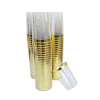 100 Pack 10 oz. Plastic Cups Fancy Wedding Tumblers Disposable Clear Plastic Cups Rimmed Cups for party Elegant Event Supplies & Decorations (Gold)