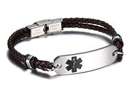 JF.JEWELRY Medical Alert ID Bracelets for Men 2-Layers Brown Leather Woven Link-Free Engraving