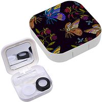 Portable Contact Lens Case Box Travel Kit Mirror + Bottle + Tweezers Container Holder [ Embroidery Tropical Butterflies Flowers ]